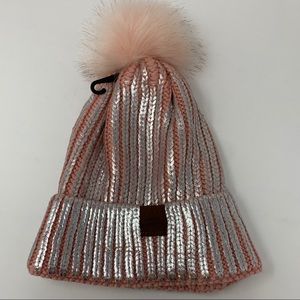 Simply southern pink metallic pom pom beanie